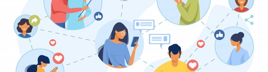 Social media network. Connected users taking pictures, posting, chatting flat vector illustration. Internet, connection, communication concept for banner, website design or landing web page